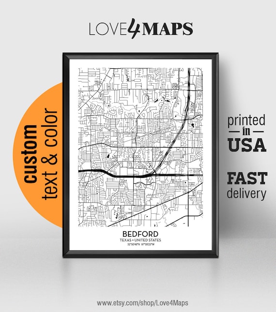 Bedford Texas Map Bedford City Print Bedford Poster Etsy