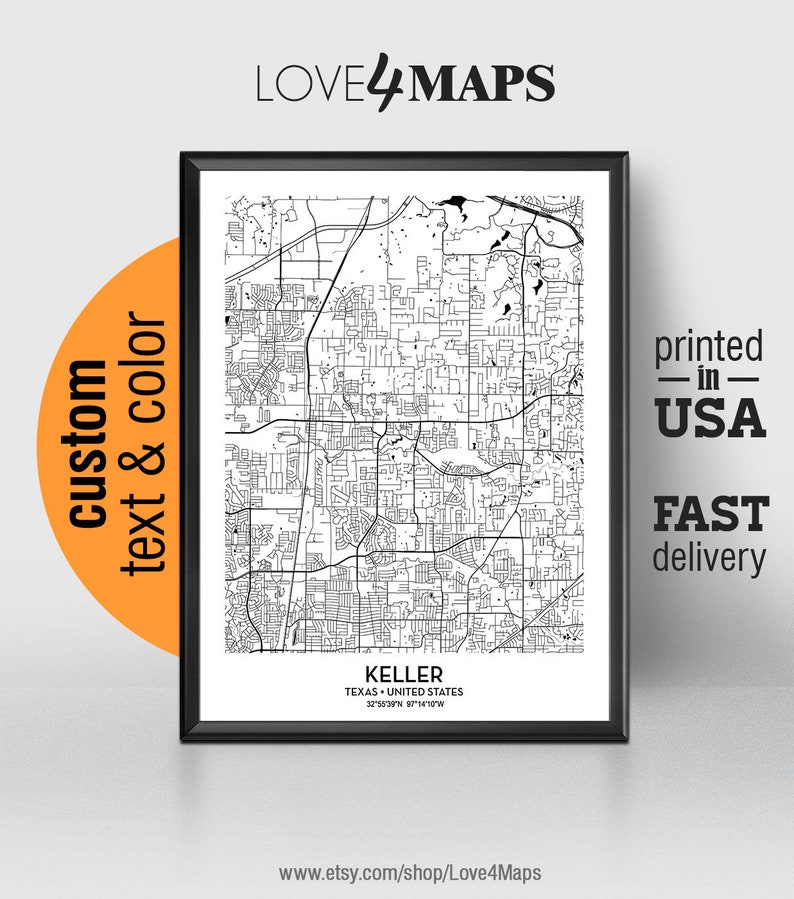 Keller Texas Map Keller City Print Keller Poster  Etsy
