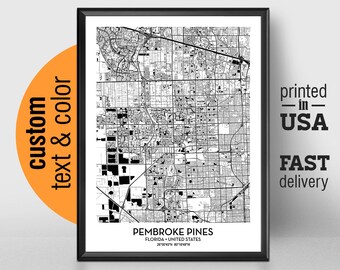 Pembroke Pines Florida Map, Pembroke Pines City Print, Pembroke Pines Poster, Personalized Wedding Map Art Gift For Couple, Custom city map