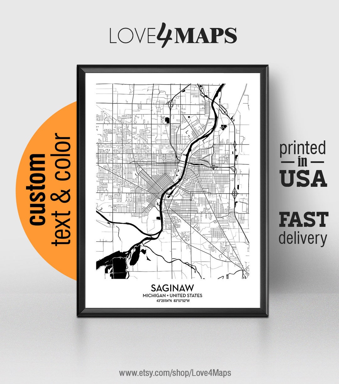 Saginaw Michigan Map, Saginaw City Print, Saginaw Poster, Personalized