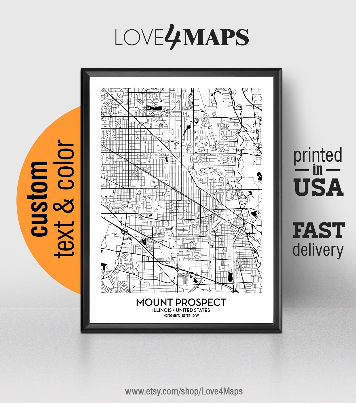 Mount Prospect Illinois Map Mount Prospect City Print Mount Etsy