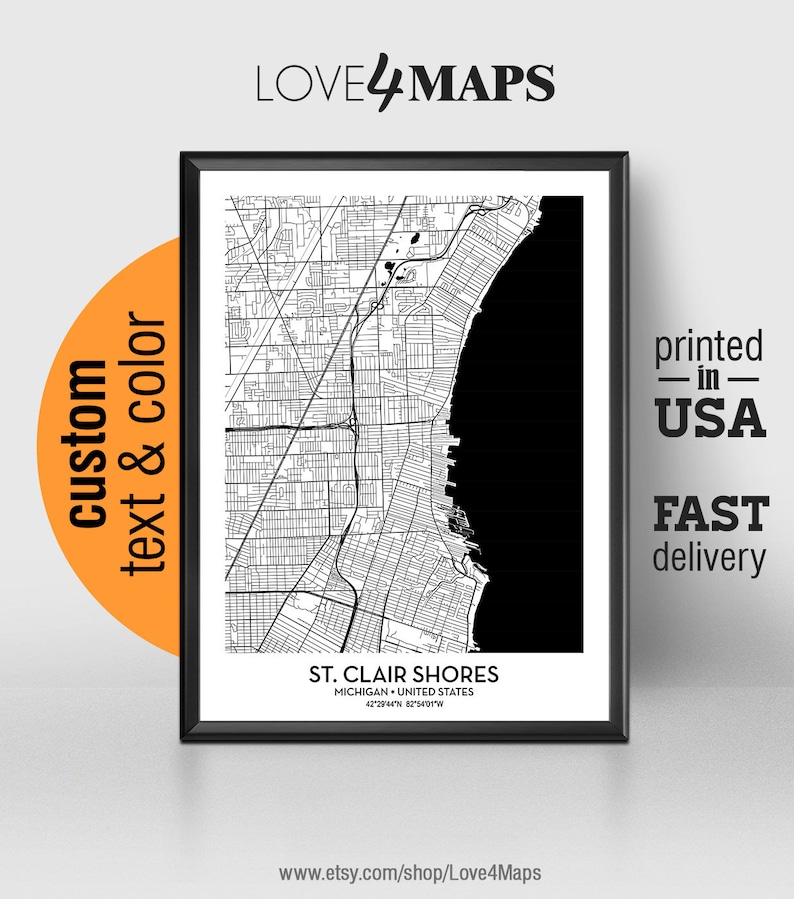 St. Clair Shores Michigan Map St Clair Shores City Print Etsy