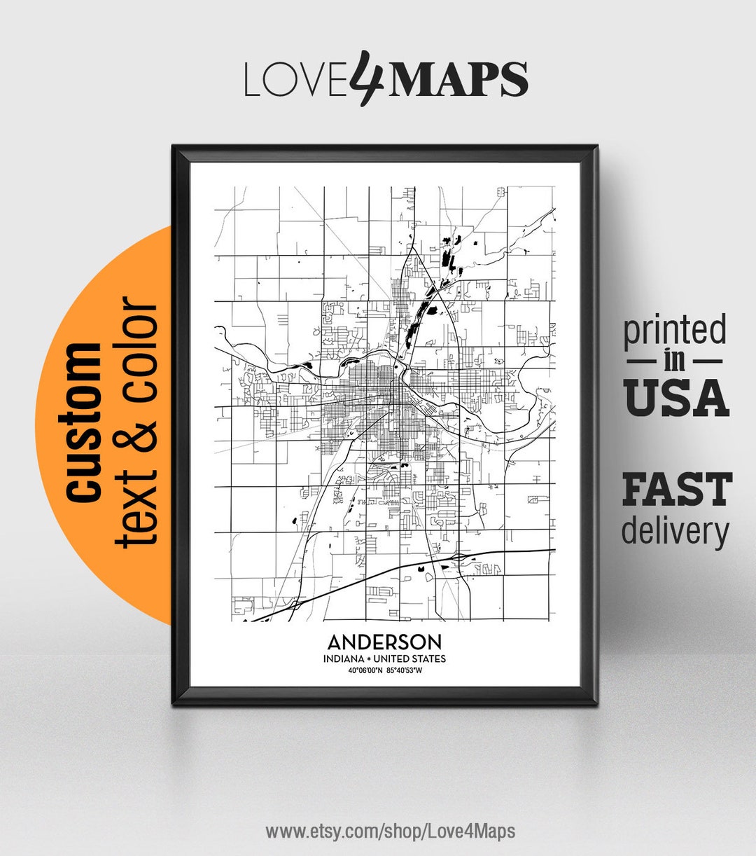Anderson Indiana Map, Anderson City Print, Anderson Poster