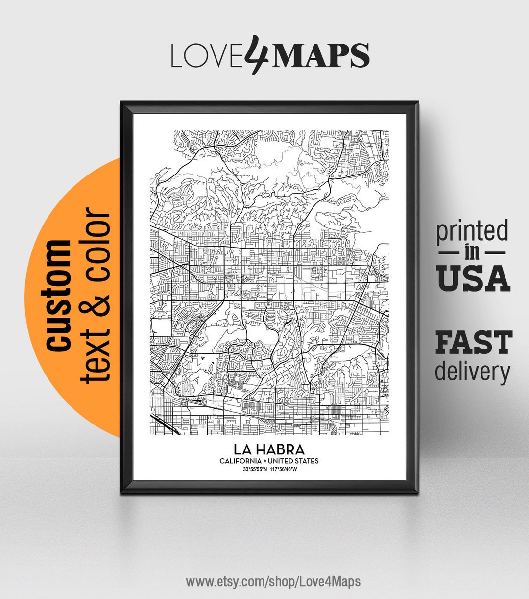 La Habra California Map, La Habra City Print, La Habra Poster