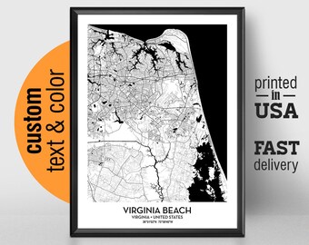 Virginia Beach Virginia Map, Virginia Beach City Print, Virginia Beach Poster, Personalized Wedding Map Art Gift For Couple, Custom city map