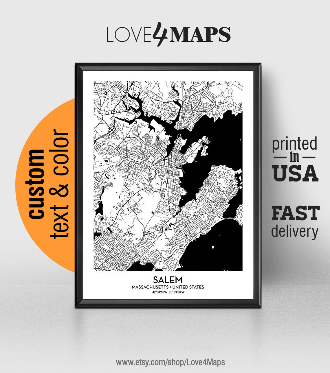 Salem Massachusetts Map Salem City Print Salem Poster - Etsy
