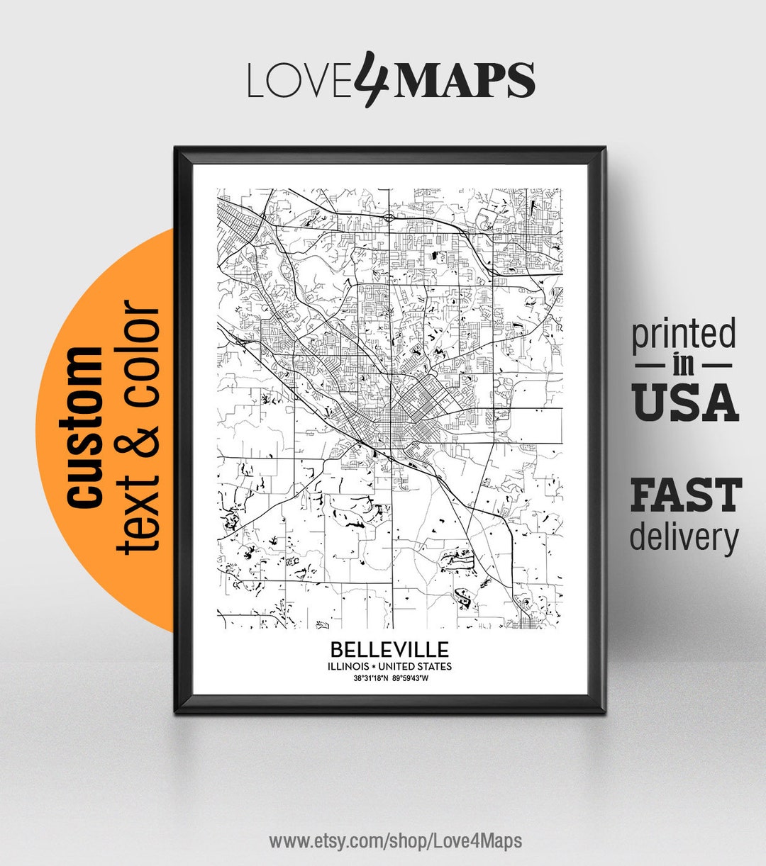 Belleville Illinois Map Belleville City Print Belleville