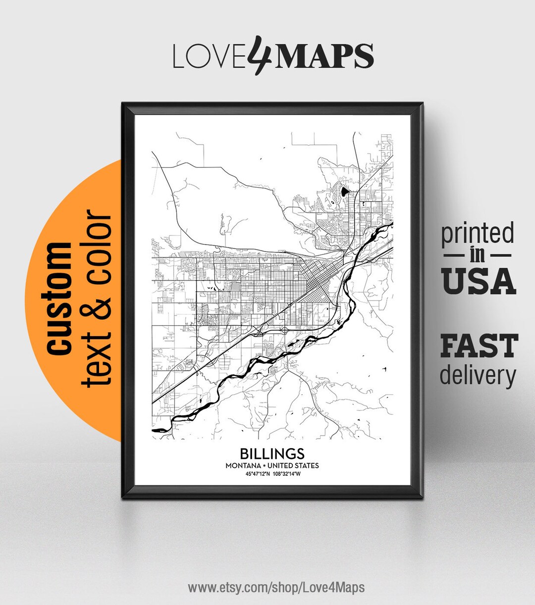 Billings Montana Map, Billings City Print, Billings Poster