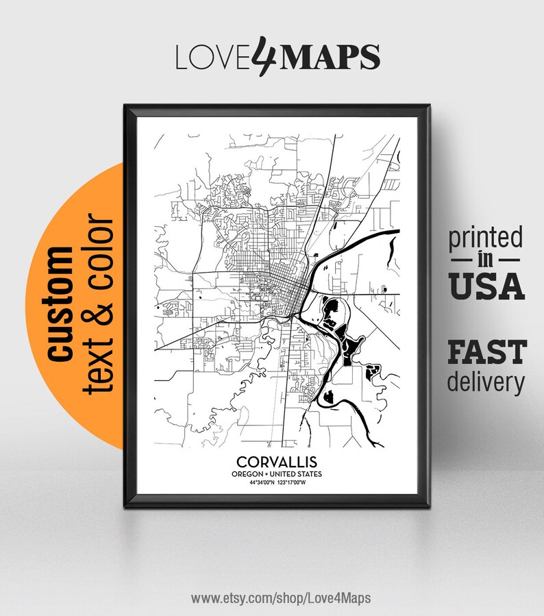 Corvallis Oregon Map Corvallis City Print Corvallis Poster Etsy