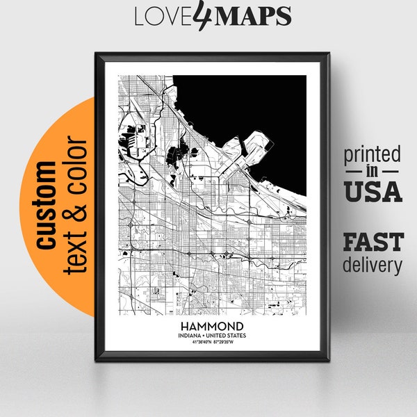 Hammond Indiana Map, Hammond City Print, Hammond Poster, Personalized Wedding Map Art Gift For Couple, Custom city map