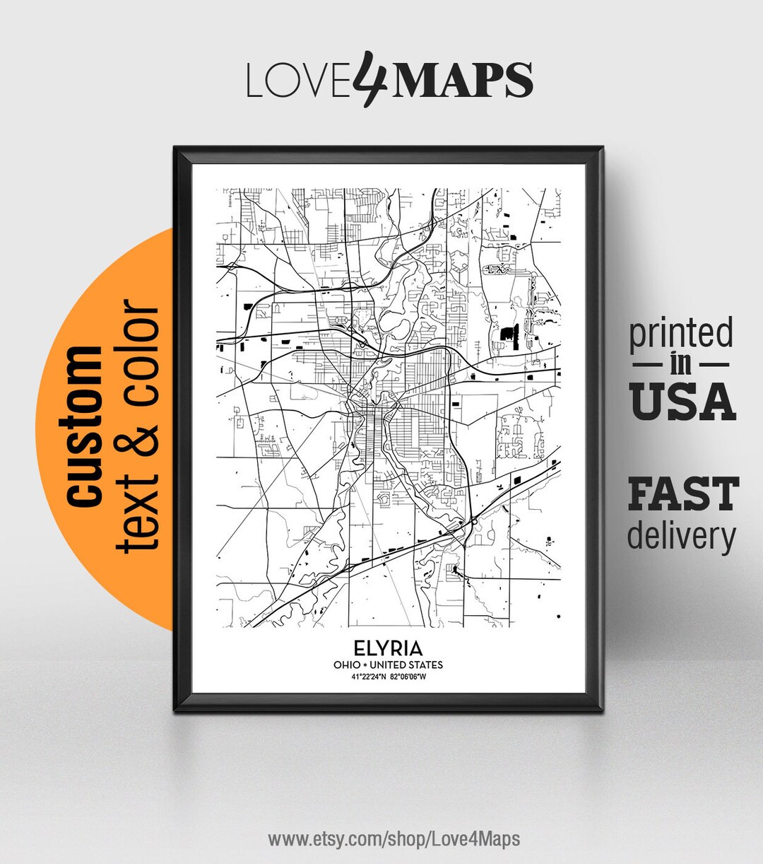 Elyria Ohio Map, Elyria City Print, Elyria Poster, Personalized Wedding