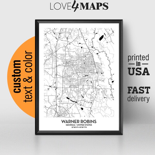 Warner Robins Georgia Map, Warner Robins City Print, Warner Robins Poster, Personalized Wedding Map Art, Gift For Couple, Custom city map