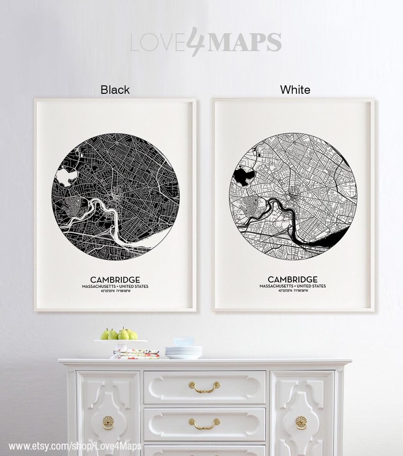 Cambridge Map Print Cambridge City Massachusetts Poster Etsy