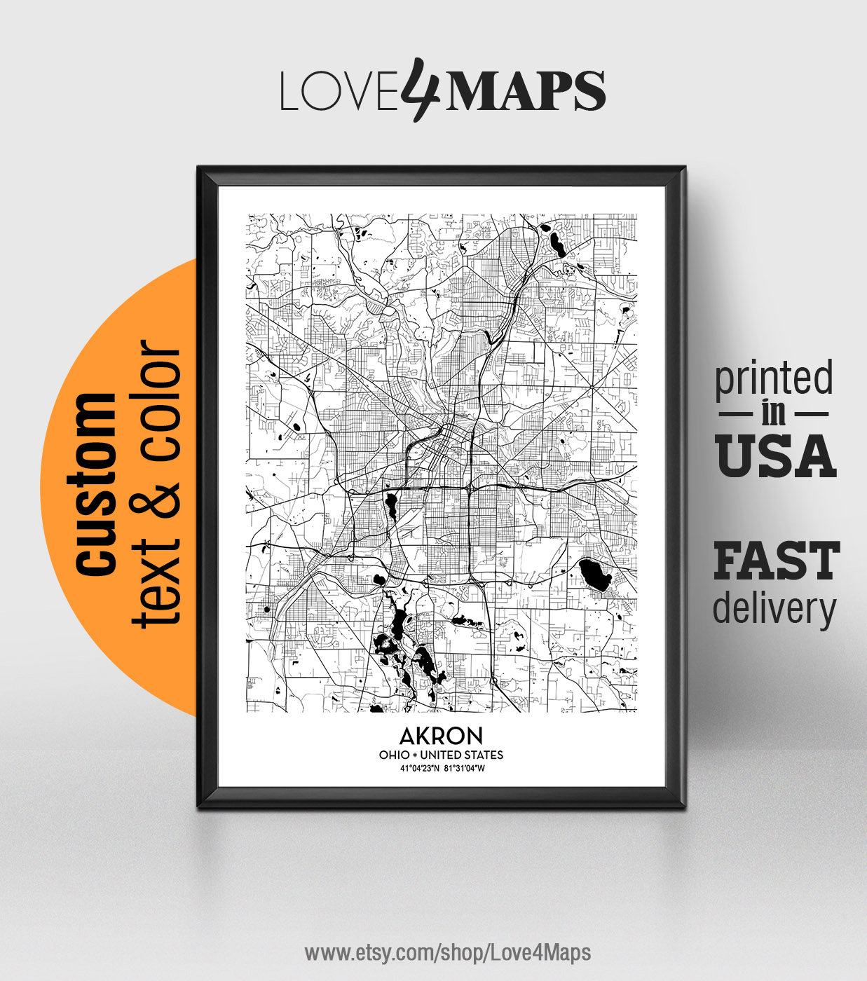 Akron Ohio Map Akron City Print Akron Poster Personalized Etsy