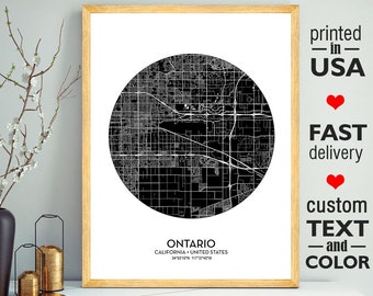 Ontario Map Print Poster, Ontario City California Print, Personalized Wedding Map Art Gift For Couple, Custom city map