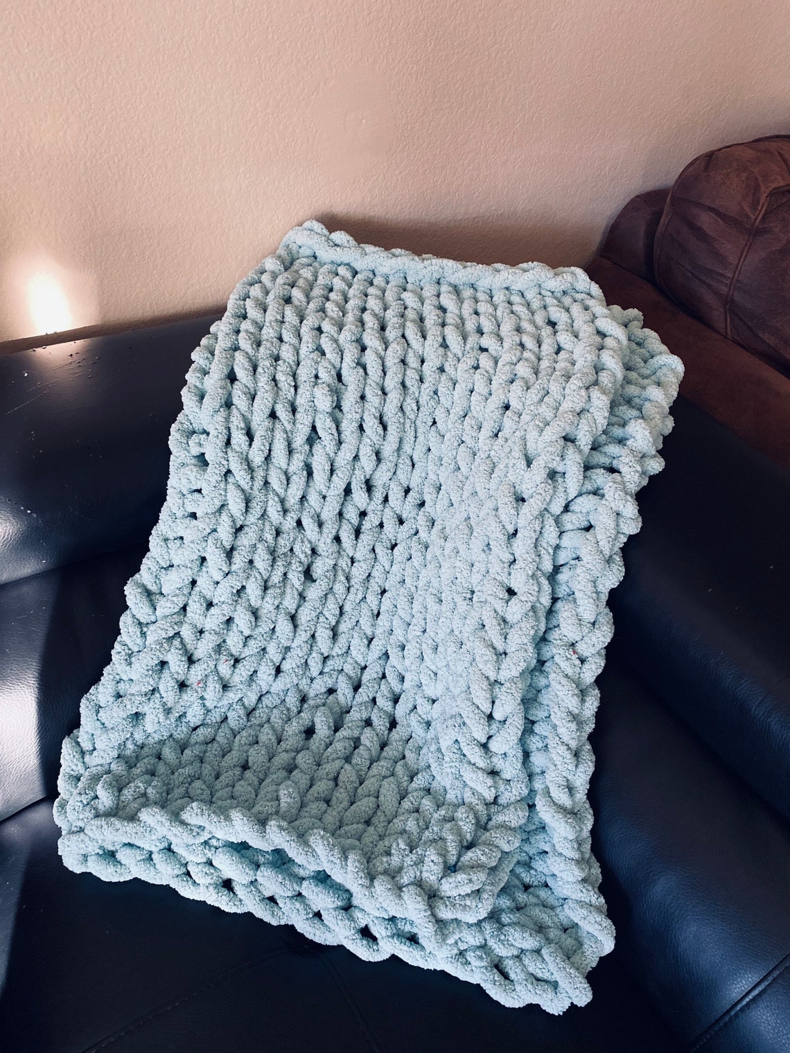 Sky blue chunky knit blanket throw Etsy