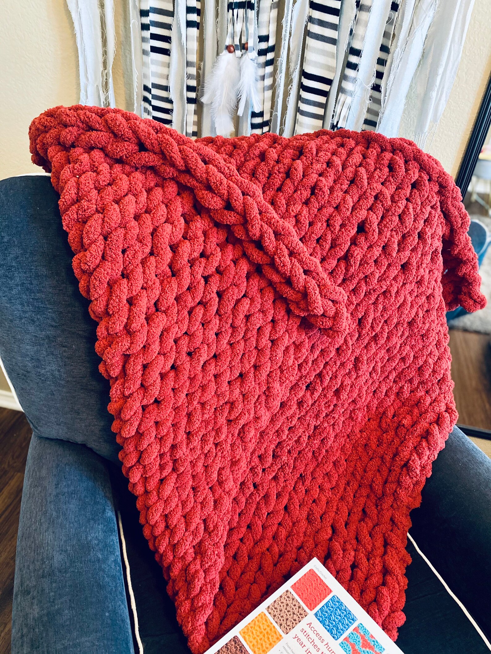 Dark red chunky knit blanket Etsy