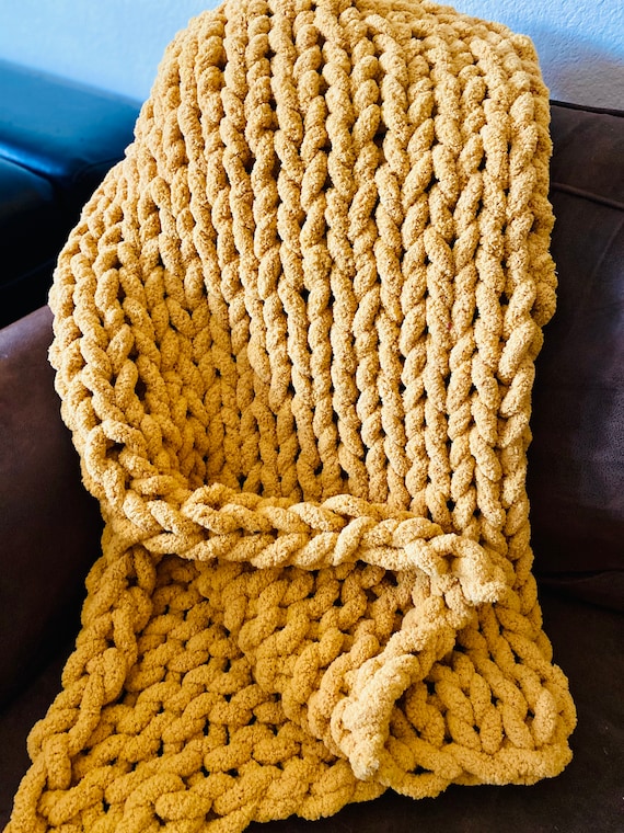 Mustard yellow chunky knit throw blanket Etsy