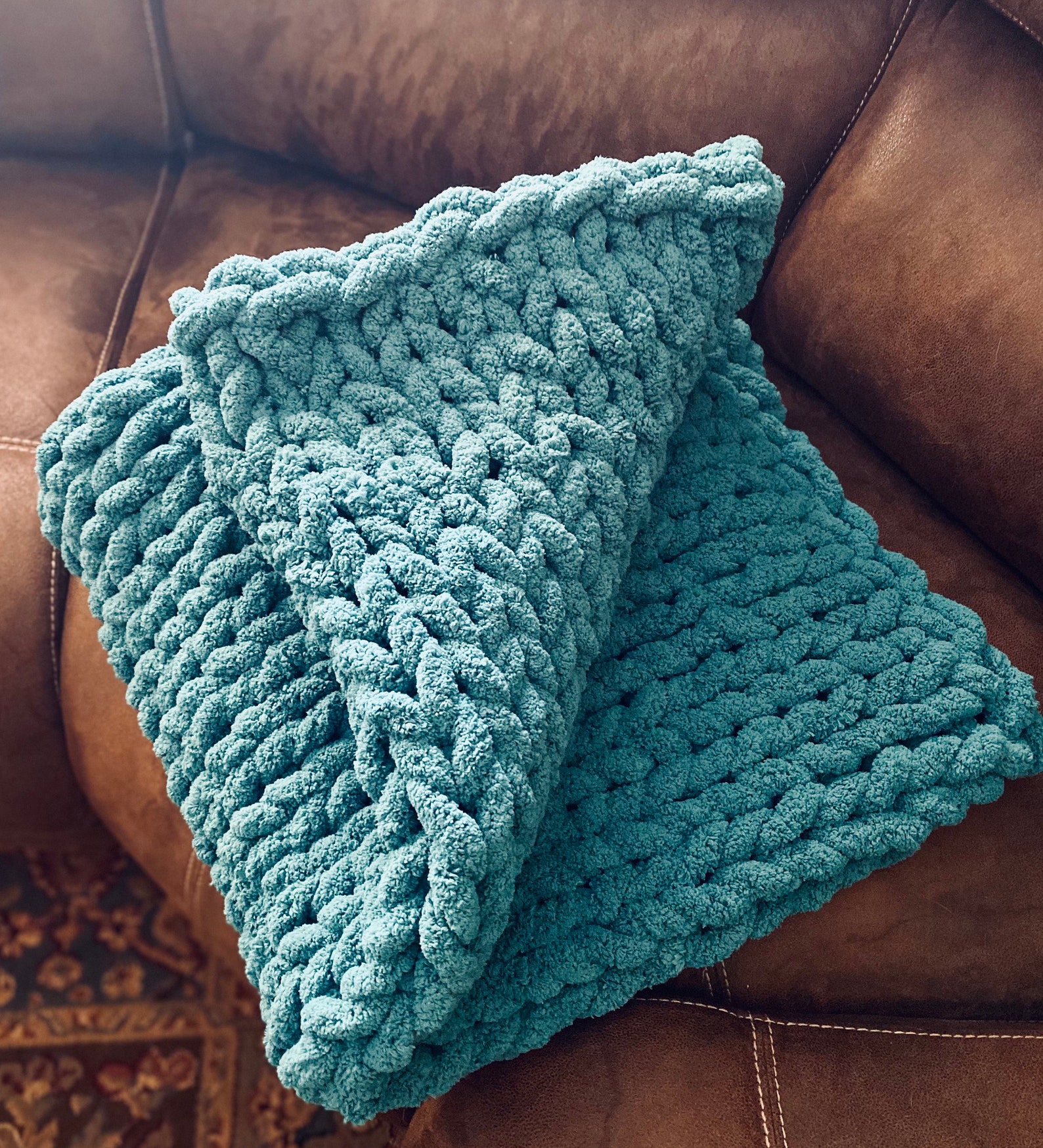 Teal chunky knit throw blanket Etsy