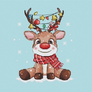 Little Christmas deer cross stitch pattern cute deer with garland cross stitch