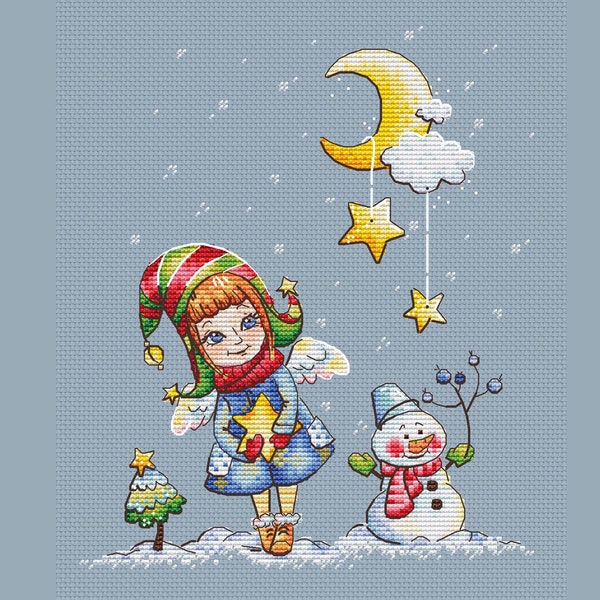 Winter Fairy cross stitch pattern girl with snowman cross stitch cute girl cross stitch gift nursery decor cross stitch Christmas pattern