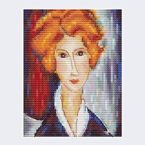 May include: A painting of a woman with red hair, wearing a blue and white shirt. The background is a mix of red, white, and blue.