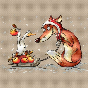 Grille point de croix de Noël avec l'oie et le renard téléchargeable pdf au point de croix motif renard rigolo de Noël avec des pommes