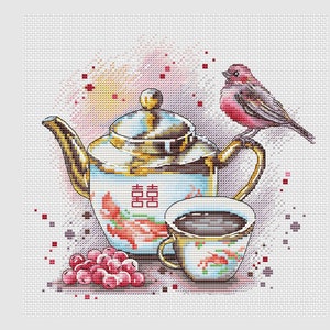 Chinese Teapot cross stitch pattern tea cup pattern pdf cross stitch gift for tea lover cross stitch pattern teapot with bird pdf