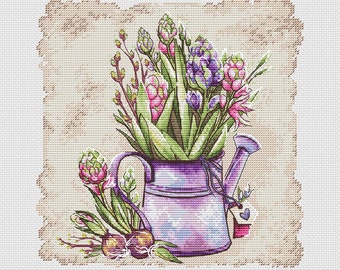 Spring flowers cross stitch pattern watering can cross stitch garden cross stitch room decor flowers cross stitch flower bulb cross stitch