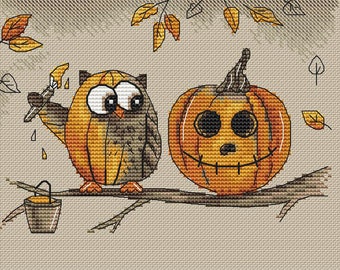 Cute Halloween cross stitch pattern owl cross stitch pumpkin cross stitch spooky cross stitch Halloween cross stitch funny owl pattern