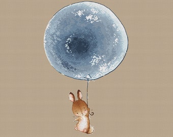 Flying Bunny with blue balloon cross stitch pattern by SVStitch