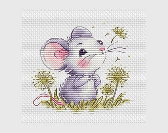 Mouse with dandelions cross stitch pattern