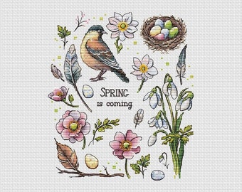 Bird and spring flowers cross stitch pattern