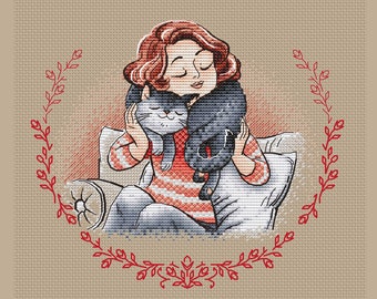 Woman with gray cat cross stitch pattern woman hugs cat pattern pdf cat cross stitch gift for cat lover woman cross stitch pattern