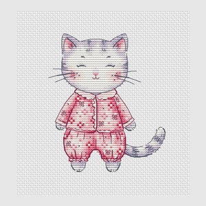 Girl cat in pink pajamas cross stitch pattern
