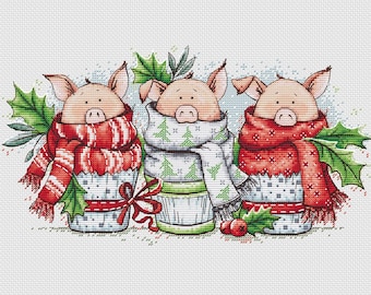 Three piglets cross stitch pattern three pigs cross stitch festive pigs pattern christmas cross stitch pattern christmas room decor pigs