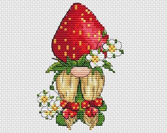 Strawberry gnome girl cross stitch pattern