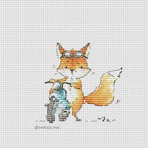 Fox on motorcycle cross stitch pattern