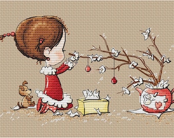 Girl in red dress cross stitch pattern Christmas Instant download pdf pattern Girl with Christmas tree cross stitch pattern Christmas decor