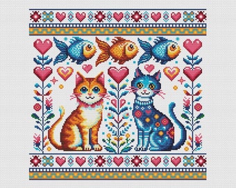 Two cats with fish cross stitch pattern
