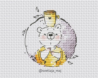 Polar bear with cup of tea cross stitch pattern