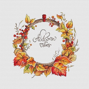 Autumn leaf wreath cross stitch pattern