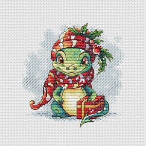 Dragon in Santa hat cross stitch pattern