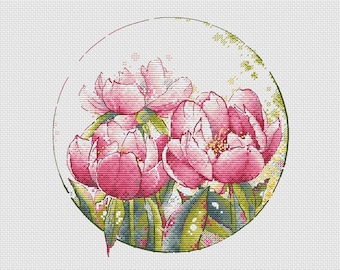 Beautiful Peonies cross stitch pattern pink flowers cross stitch three peonies cross stitch round cross stitch design peonies ornament