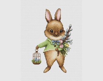 Patrón punto de cruz conejito de pascua con flores