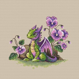 Dragon with violets cross stitch pattern