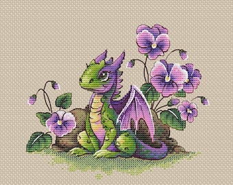 Dragon with violets cross stitch pattern