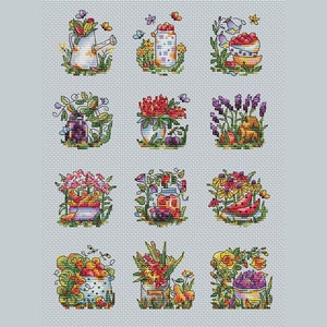 Kruissteekpatroon met tuinbloemen