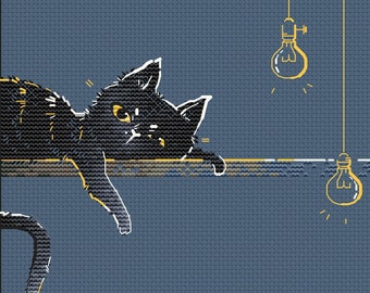 Cat on the shelf cross stitch yellow eyes cat cross stitch