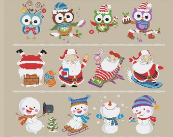 Cross stitch Santa cross stitch snowman cross stitch cute owl cross stitch pattern Merry Christmas ornament cross stitch Christmas tag